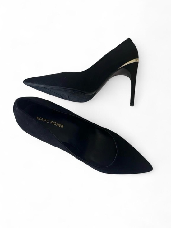 Marc Fisher Shoes - Marc Fisher Black Vegan Suede Pointed-Toe 4” Stiletto Pumps with Gold Accent